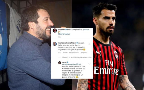 Salvini punzecchia Suso su Instagram e lui lo trolla