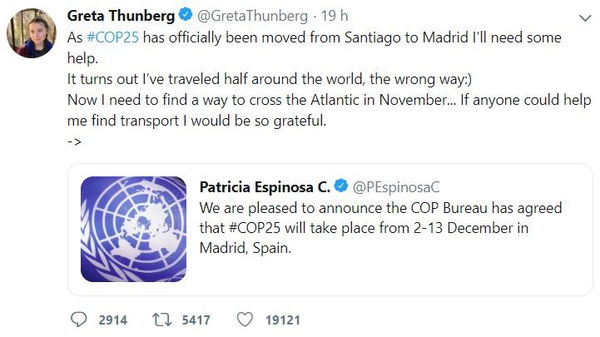 Greta Thunberg cerca una barca per tornare a Madrid: hanno spostato la conferenza che doveva svolgersi in Cile