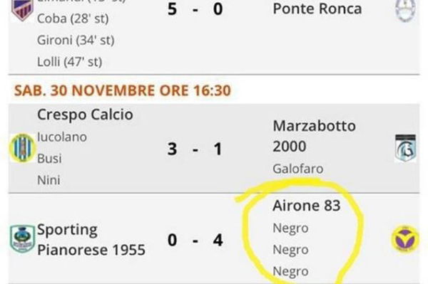 Razzismo nel calcio, nel tabellino degli juniores compare la tripletta del ‘Negro’