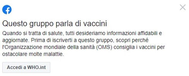Facebook ‘manda un avviso’ a chi vuole entrare nei gruppi No Vax