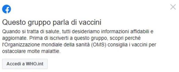 Facebook ‘manda un avviso’ a chi vuole entrare nei gruppi No Vax