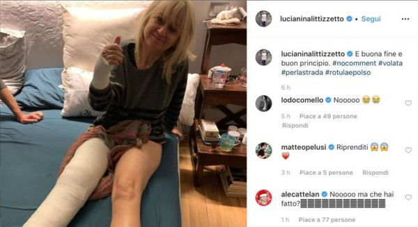 Luciana Littizzetto, gamba e polso ingessati ma non perde l’ironia: «Buona fine e buon principio»