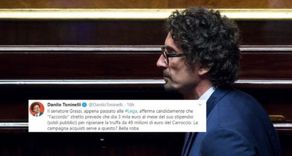 Toninelli sostiene che il passaggio dei senatori M5S alla Lega sia servito per «ripianare la truffa dei 49 milioni»