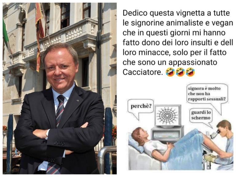 Il consigliere-cacciatore di FdI posta una vignetta sessista con il ginecologo e le ragnatele contro le donne vegane