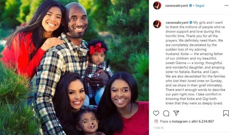 Il post Instagram di Vanessa, la moglie di Kobe Bryant: «Siamo devastate dalla sua morte»