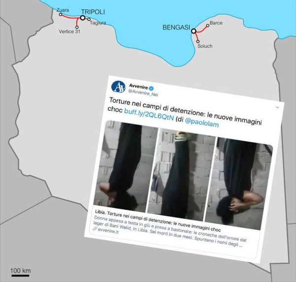 La donna messa a testa in giù e picchiata nel centro di detenzione libico di Bani Walid
