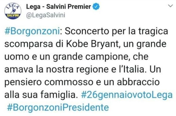 Il tweet della Lega sulla morte di Kobe Bryant che incita a votare Borgonzoni