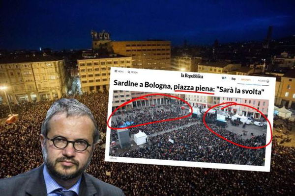 Borghi parla un po’ troppo presto della «piazza non piena» delle sardine, poi saranno 40mila a cantare Bella Ciao