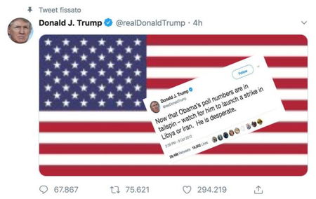 Un tweet del 2012 di Trump su Obama spiega la sua strategia con l’Iran: «In difficoltà nei sondaggi, lancia un’offensiva» article-post