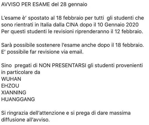 “Venite dalla Cina? Restate a casa”: l’avviso di un professore dell’Università di Firenze