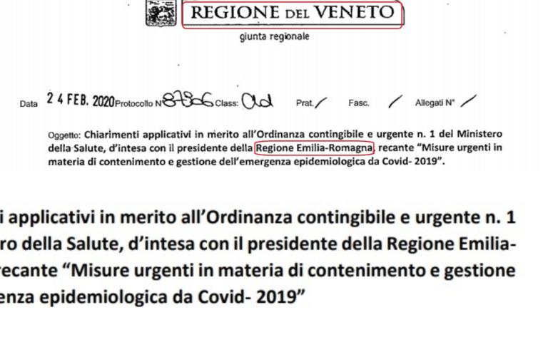 La Regione Veneto copia l’ordinanza sul Covid-19 e dimentica di cancellare «Emilia-Romagna» dal testo
