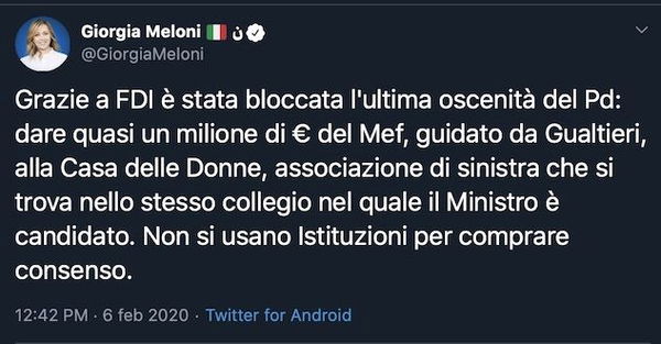 Giorgia Meloni esulta per il blocco dei finanziamenti alla Casa delle donne