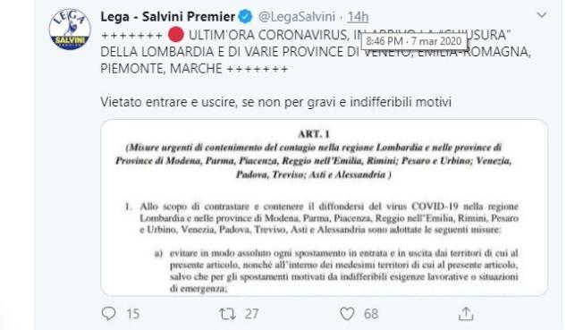 La Lega ha pubblicato la bozza del decreto sul Coronavirus alle 20.46 di sabato