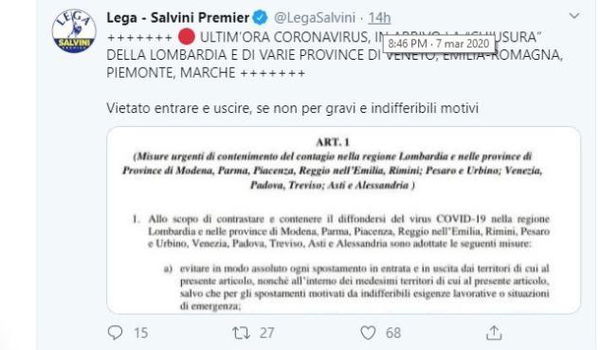 La Lega ha pubblicato la bozza del decreto sul Coronavirus alle 20.46 di sabato