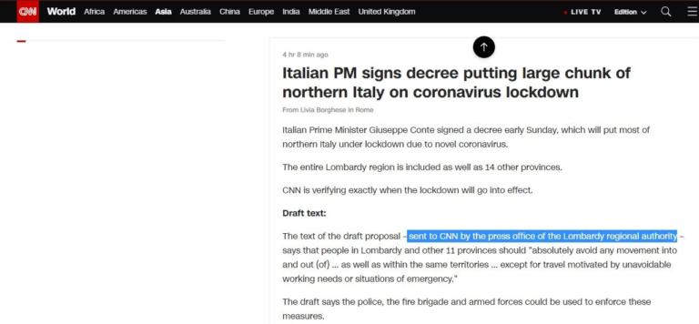 La Cnn chiarisce che la bozza del decreto è stata «confermata dalla regione Lombardia»