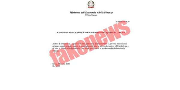 Il falso comunicato del Mef che annuncia la sospensione di tutte le attività lavorative