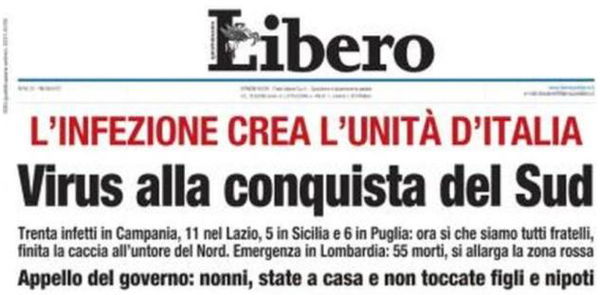 Libero è quasi felice perché il Coronavirus è arrivato anche al Sud: «Ora sì che siamo tutti fratelli»