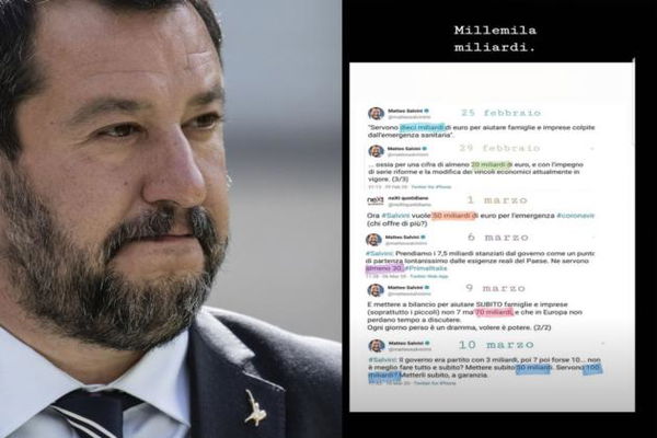 Dieci, 20, 30, 70, 100 miliardi: l’asta di Salvini con 5 proposte in 15 giorni per l’emergenza coronavirus