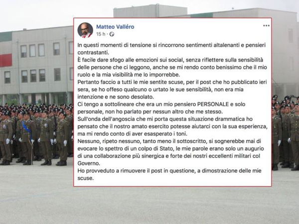 Il post dell’opinionista che prima chiede al capo dell’Esercito di deporre Conte e poi si scusa