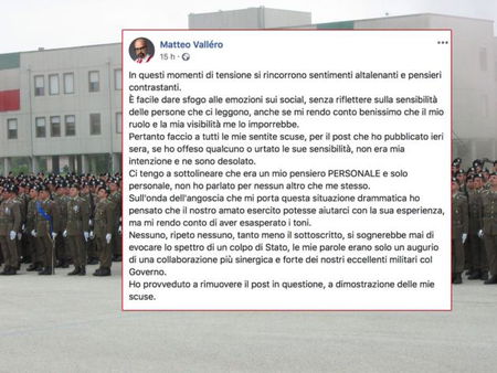 Il post dell’opinionista che prima chiede al capo dell’Esercito di deporre Conte e poi si scusa article-post