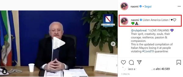 La compilation dei sindaci italiani arriva anche sul profilo Instagram di Naomi Campbell