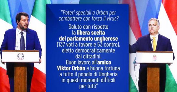 Salvini si congratula per i pieni poteri di Orban: «Scelta libera del parlamento democraticamente eletto»