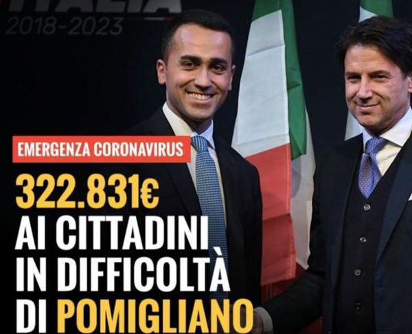 La card personalizzata con Di Maio con cui il M5S promuove il bonus spesa a Pomigliano