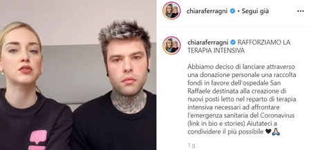 Quando la notorietà paga (tutti): la raccolta dei Ferragnez per le terapie intensive supera i 3 milioni article-post