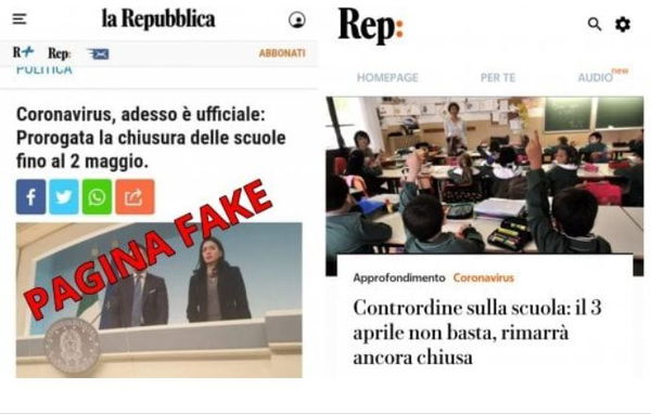 La bufala delle scuole chiuse fino al 2 maggio utilizzando una pagina fake di Repubblica