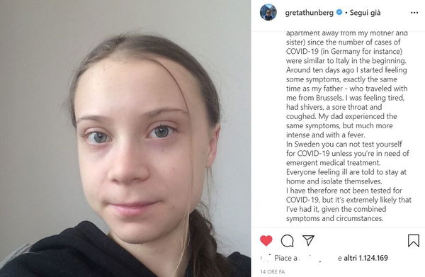 Il messaggio di Greta Thunberg, anche lei in isolamento con i sintomi del coronavirus