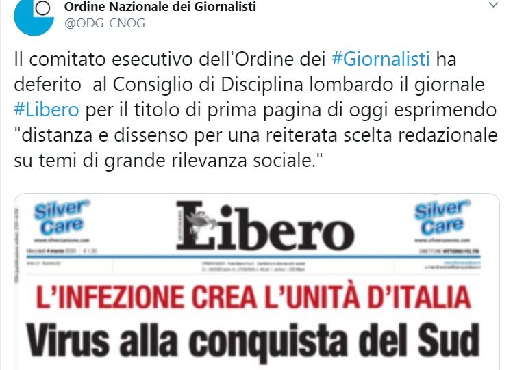 L’Ordine dei Giornalisti ha denunciato Libero per il titolo sulla prima pagina di oggi article-post