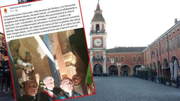 Il senso del comune di Sassuolo per il coronavirus: «Non abbiamo rispettato la distanza, ma abbiamo deposto i fiori alla Vergine Maria»