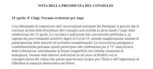 La Presidenza del Consiglio risponde all’Anpi: «Non siete stati esclusi dalle celebrazioni del 25 aprile»