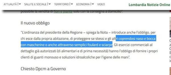Perché la Regione Lombardia obbliga le persona a coprire «naso e bocca con mascherine o con semplici foulard e sciarpe»