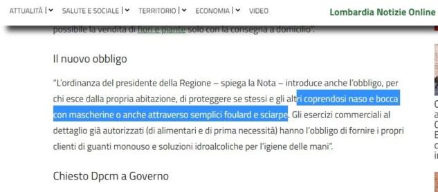 Perché la Regione Lombardia obbliga le persona a coprire «naso e bocca con mascherine o con semplici foulard e sciarpe» article-post