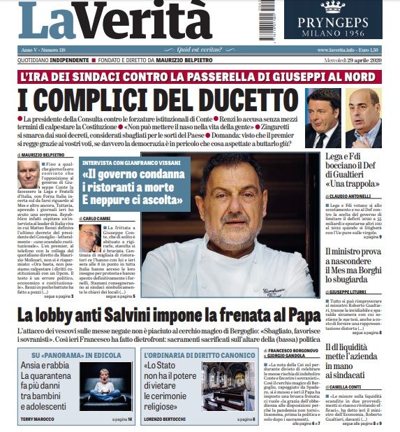 Prima pagina La Verità del 29 aprile 2020