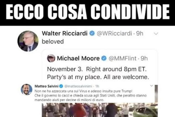 Salvini chiede al governo di «cacciare» Ricciardi per un tweet contro Trump