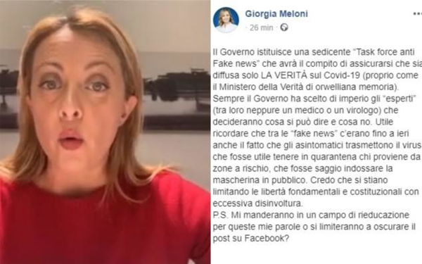 Giorgia Meloni dice che la task force contro le fake news sia un modo per limitare le libertà costituzionali