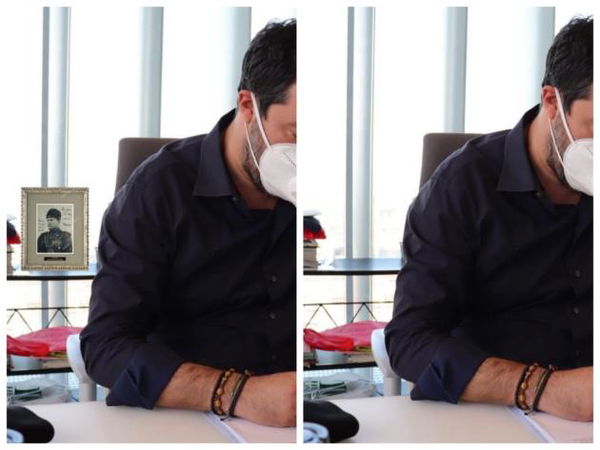 Non esiste la fotografia di Mussolini alle spalle di Salvini con la mascherina