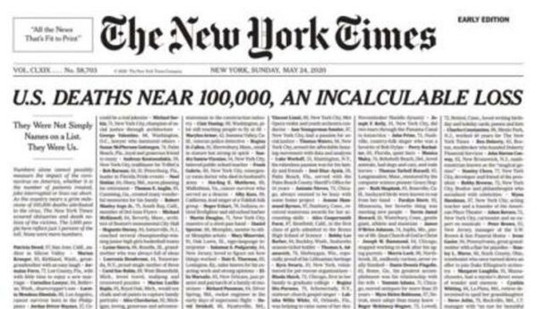 I mille necrologi pubblicati in prima pagina dal New York Times. Quasi 100mila le vittime negli Usa