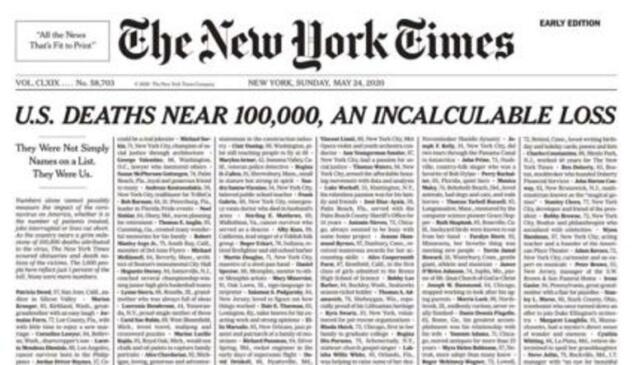 I mille necrologi pubblicati in prima pagina dal New York Times. Quasi 100mila le vittime negli Usa article-post
