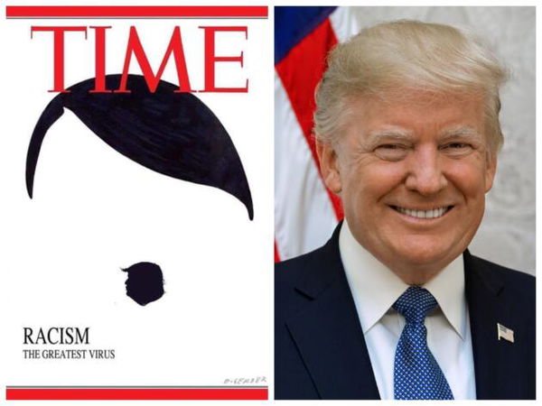 Quella di Hitler con il baffetto che disegna il profilo di Trump non è una prima pagina del Time