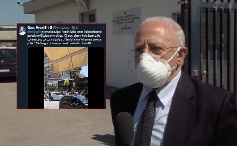 Giorgia Meloni dice che De Luca è troppo impegnato a parlare di lanciafiamme, ma lui è a Mondragone