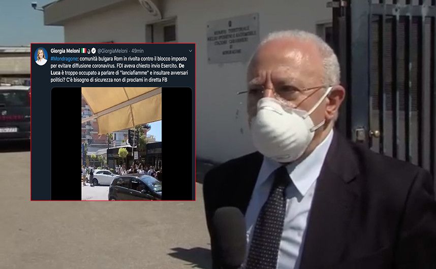 Giorgia Meloni dice che De Luca è troppo impegnato a parlare di lanciafiamme, ma lui è a Mondragone article-post
