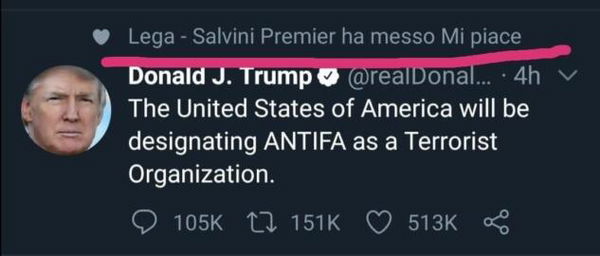 Trump etichetta gli ‘Antifa’ come «un’associazione terroristica» e la Lega mette il like su Twitter