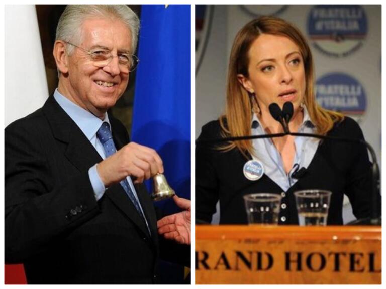 Giorgia Meloni che osserva con Mario Monti che «anche le posizioni distanti trovano convergenze»