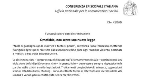La Cei non vuole la nuova legge contro l’omofobia: «Colpisce l’espressione di una legittima opinione»