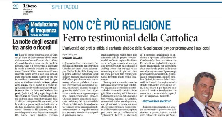 Libero ironizza sulla scelta della Cattolica: «Tiziano Ferro testimonial, un gay per l’Ateneo dei preti»