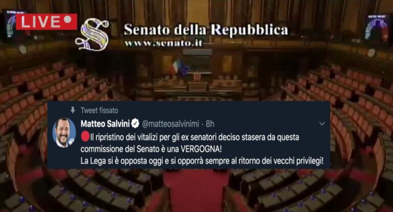 Salvini si vanta che i leghisti sono gli unici politici a non aver votato i vitalizi (per forza, gli altri erano tecnici)