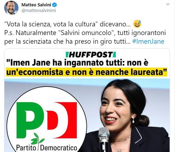 Per Salvini nella questione della falsa laurea di Imen Jane c’entrerebbe il PD